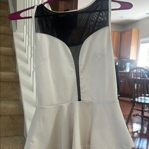White Peplum top with Black Mesh Detail
